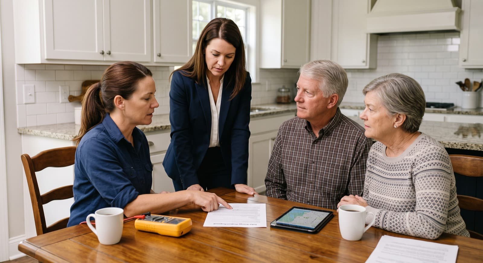 A Southern Solar Pro specialist walking a couple and their agent through solar paperwork at a kitchen table.