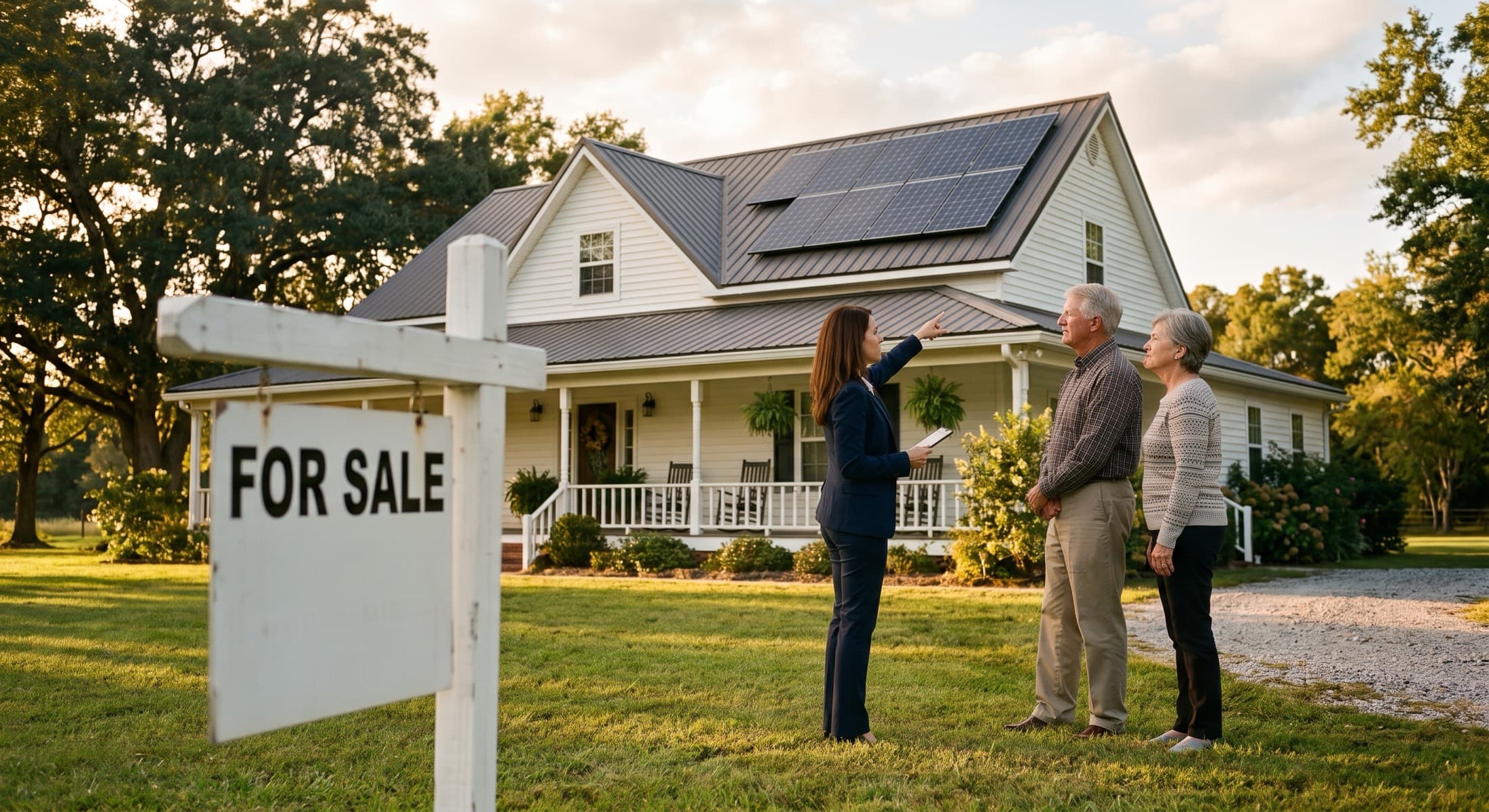 A real estate agent pointing up at rooftop solar panels while an older couple looks on, unsure, outside a farmhouse with a for-sale sign in the yard.