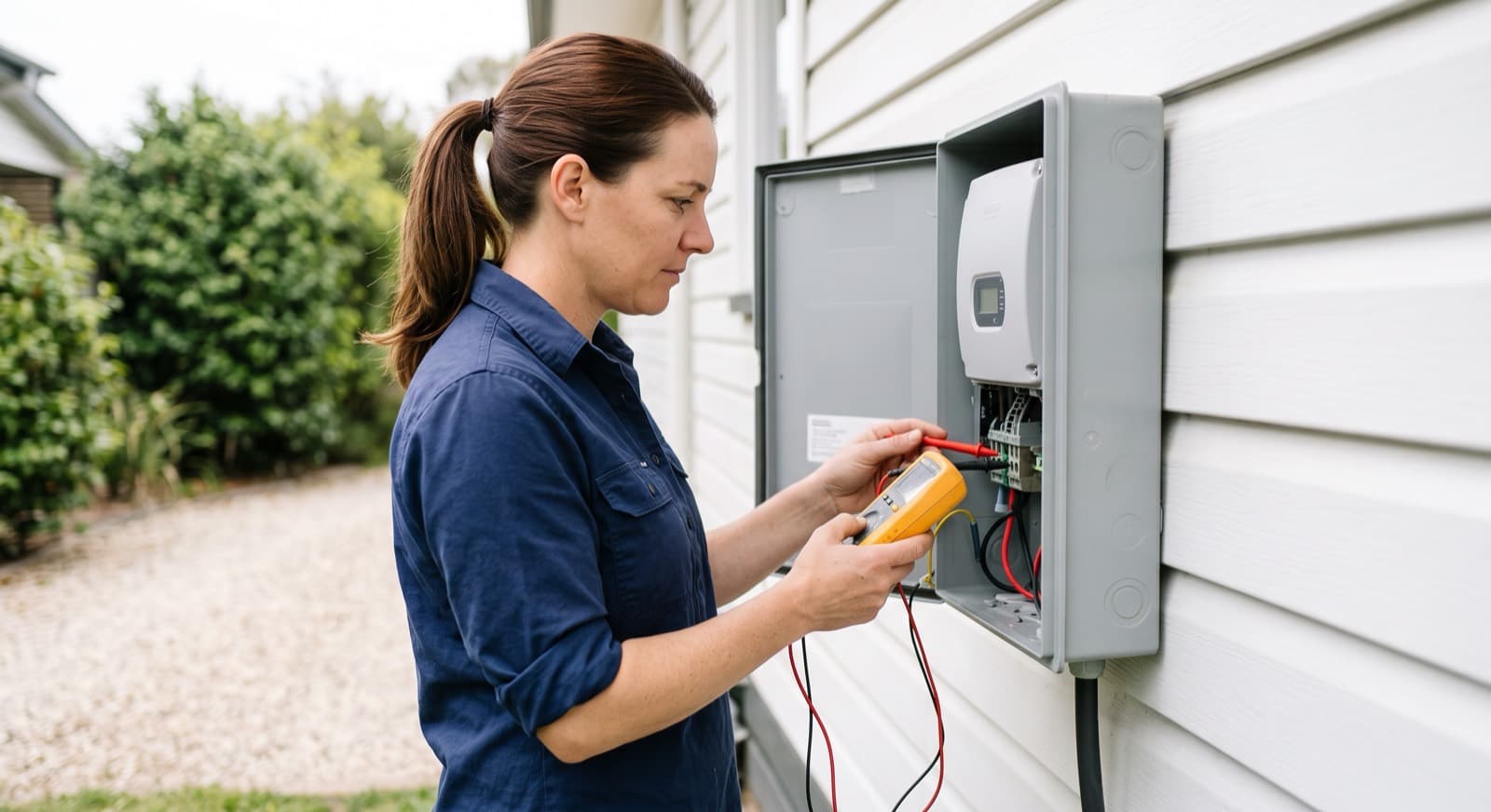 A Southern Solar Pro technician taking a voltage reading at a solar disconnect with a multimeter.